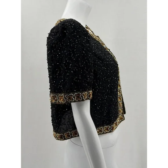 Vintage Laurence Kazar Jacket Womens Large Black Beaded 100% Silk Evening Formal - Picture 3 of 9